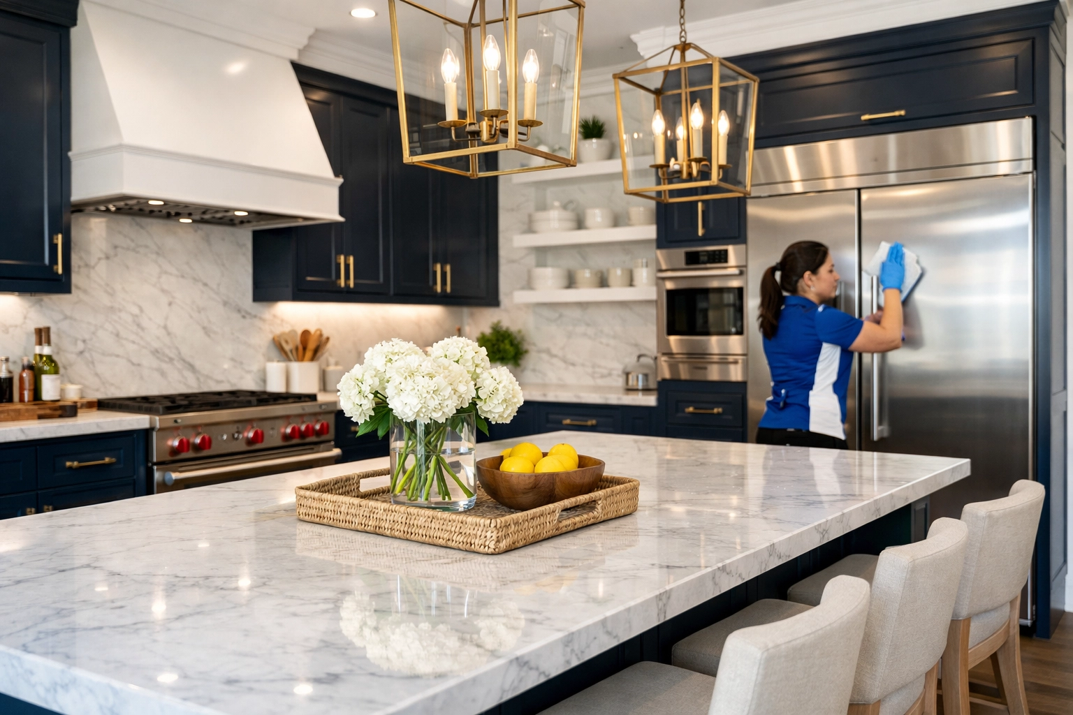 Professional cleaners polishing high-end stainless steel appliances in a luxury Needham MA kitchen.