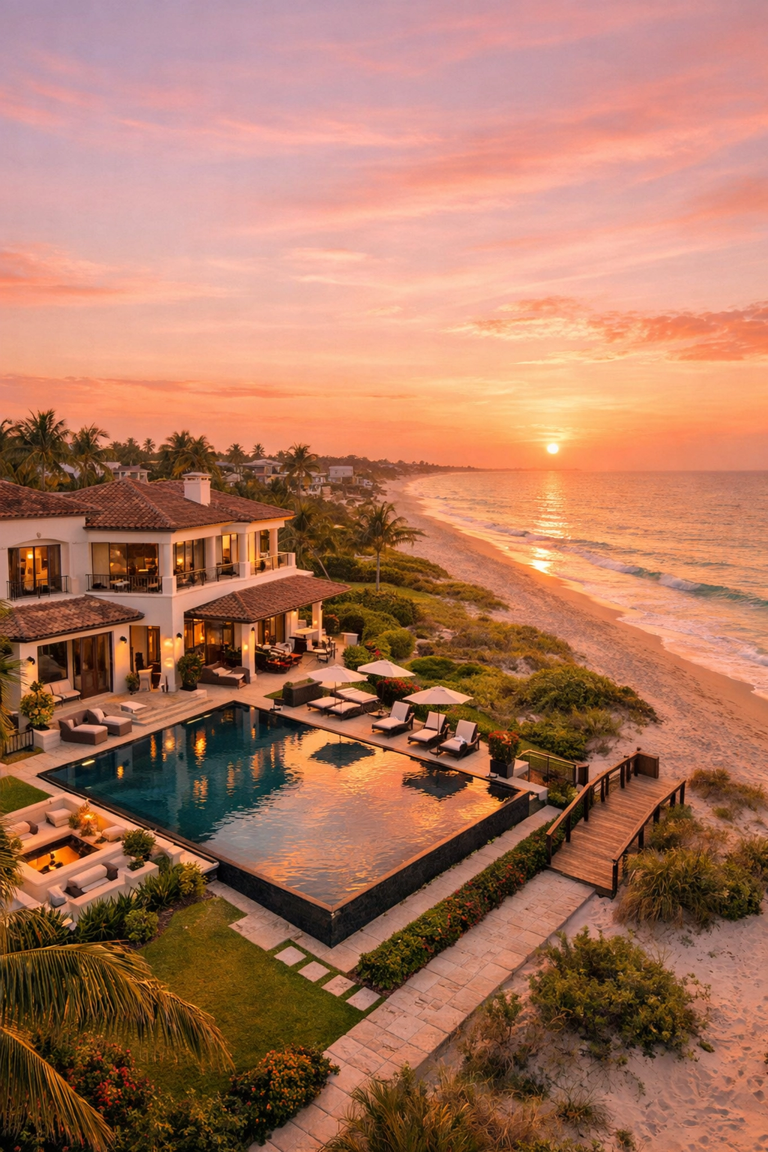Aerial view of luxury beachfront vacation rental with infinity pool at sunset