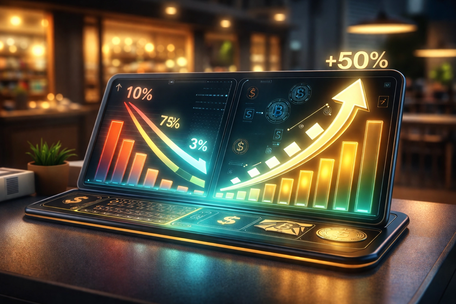 Digital dashboard illustrating reduced payment processing fees and improved merchant profit margins with crypto payments