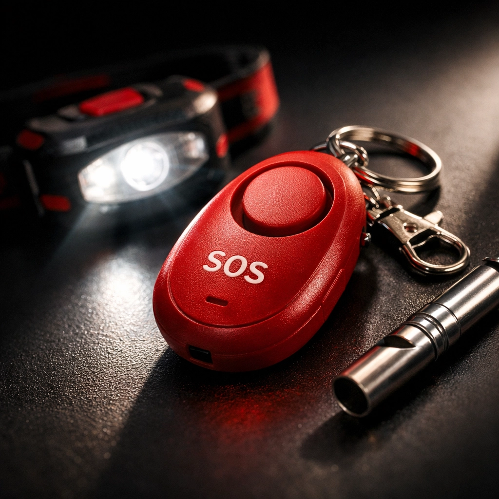 Compact personal safety tools for urban emergencies including alarm, headlamp, and whistle The Urban Survival Kit: Emergency Prepping for the Carless Woman