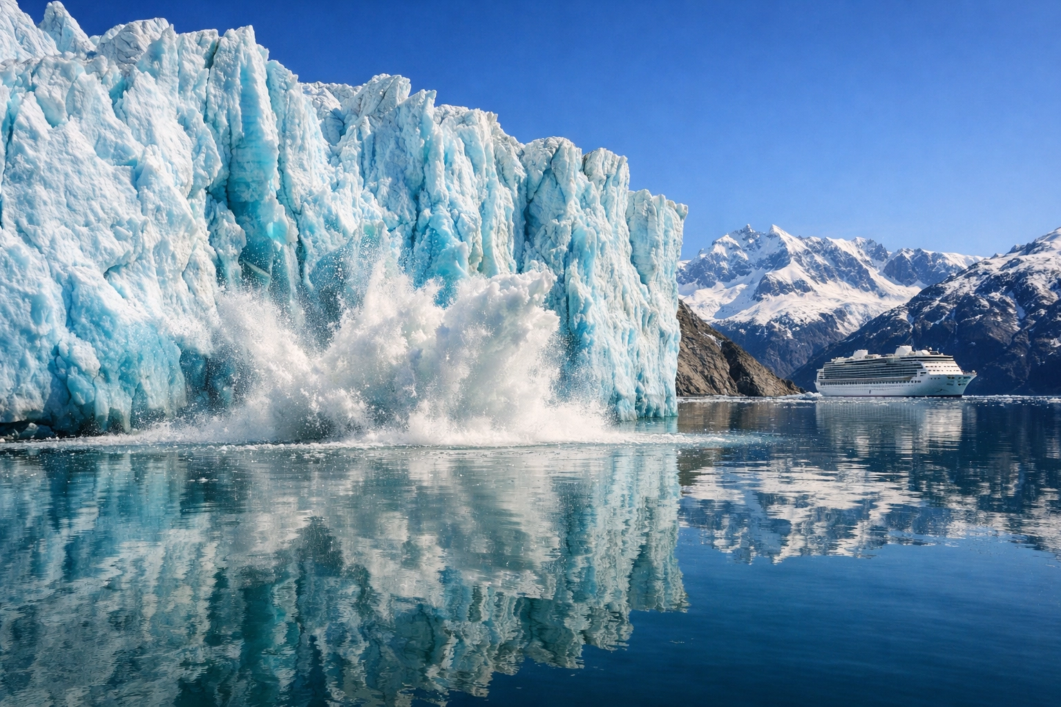 A massive blue tidewater glacier calving into the sea in Alaska's Glacier Bay National Park with a cruise ship nearby.