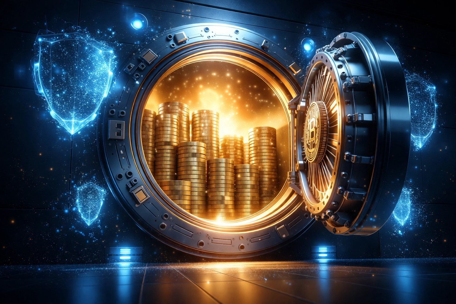 Secure cryptocurrency vault symbolizing self-custody and merchant financial freedom with Larecoin POS system