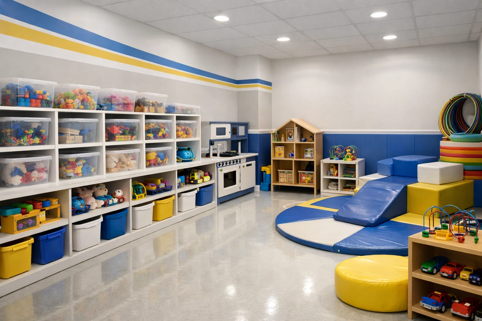 Sanitized playroom storage and toys showing thorough professional daycare cleaning in Worcester.