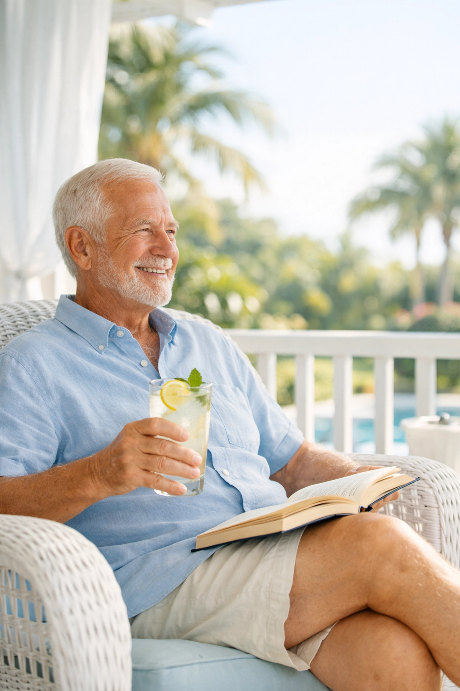 Senior man relaxing on a sun-drenched veranda, enjoying maintenance-free independent living in Sarasota.