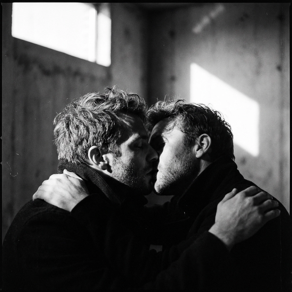 A passionate black and white photo of two men kissing, symbolizing defiance and MM romance themes.
