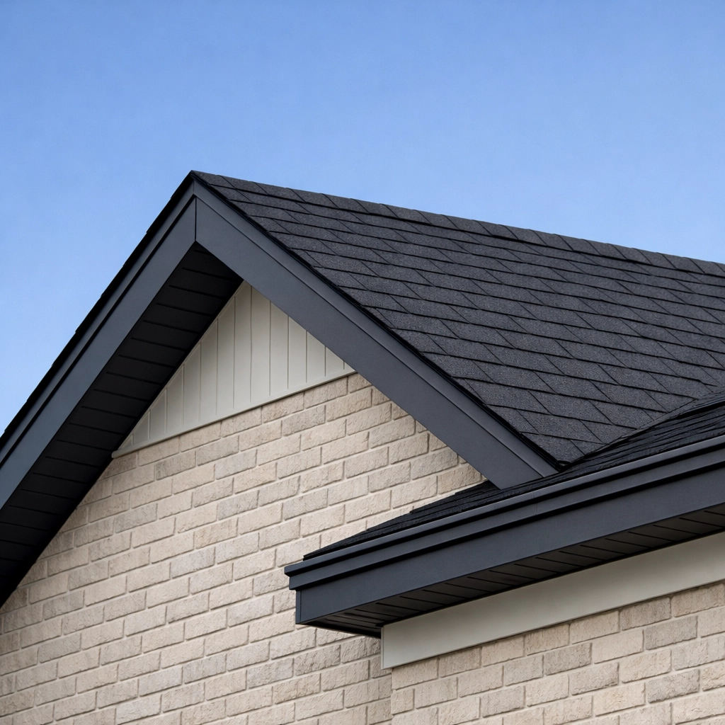 Close-up of a well-maintained modern home exterior in Macedonia, showcasing quality roof and brickwork.