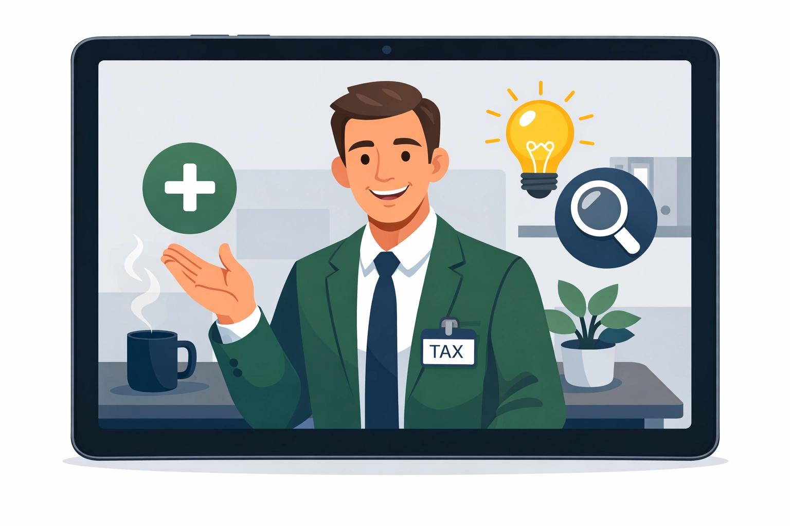 Virtual tax advisor on a tablet screen providing a video consultation for expert tax insights.