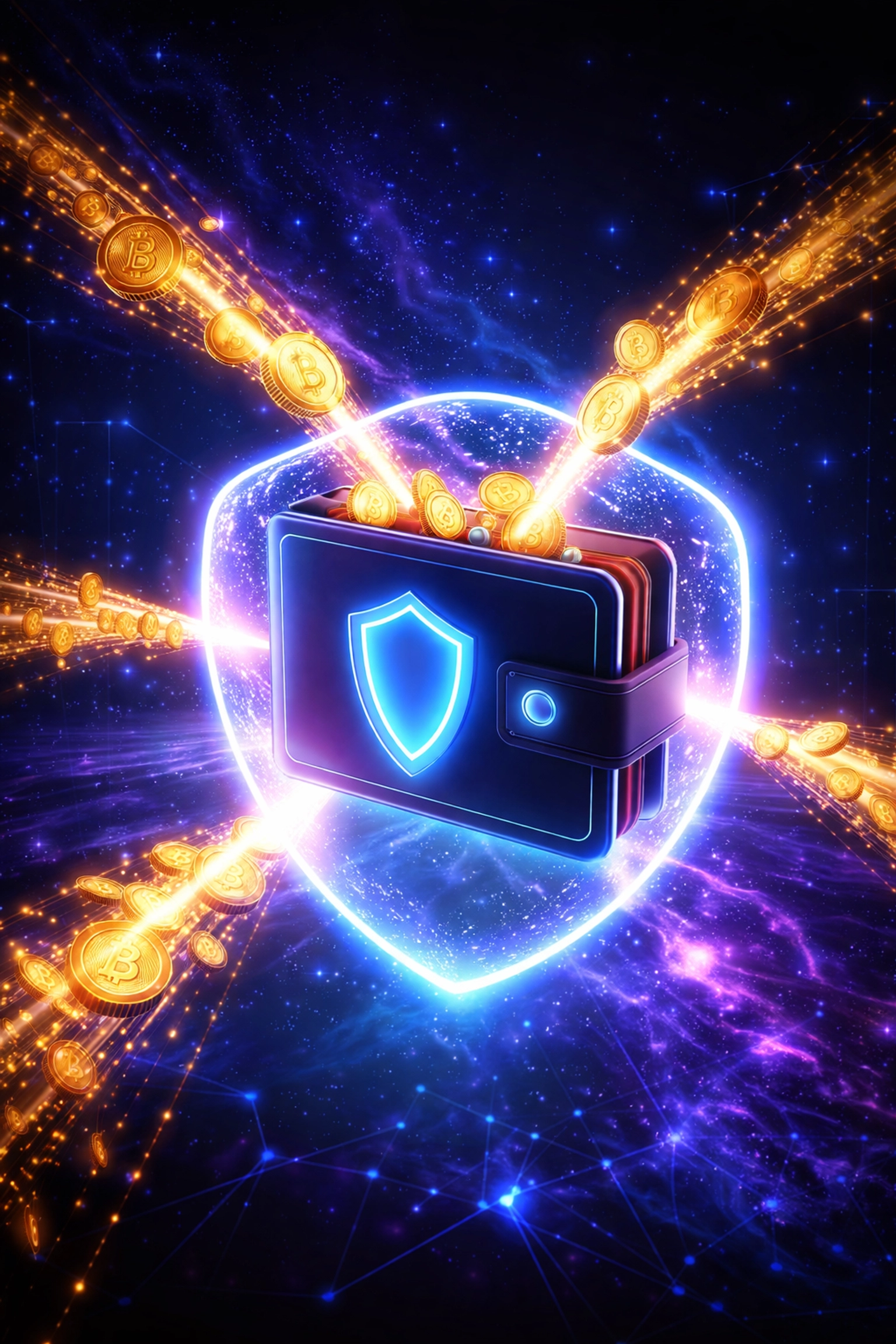 Digital wallet in space receiving cryptocurrency coins, representing Larecoin's secure self-custody payments for small business.