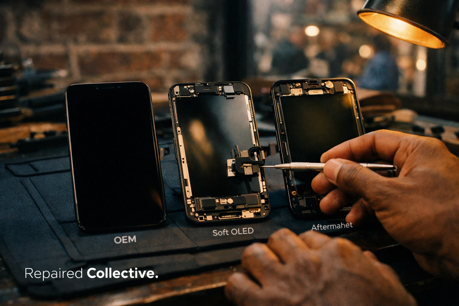 Comparison of OEM vs aftermarket iPhone parts on a professional repair workbench in Brooklyn.