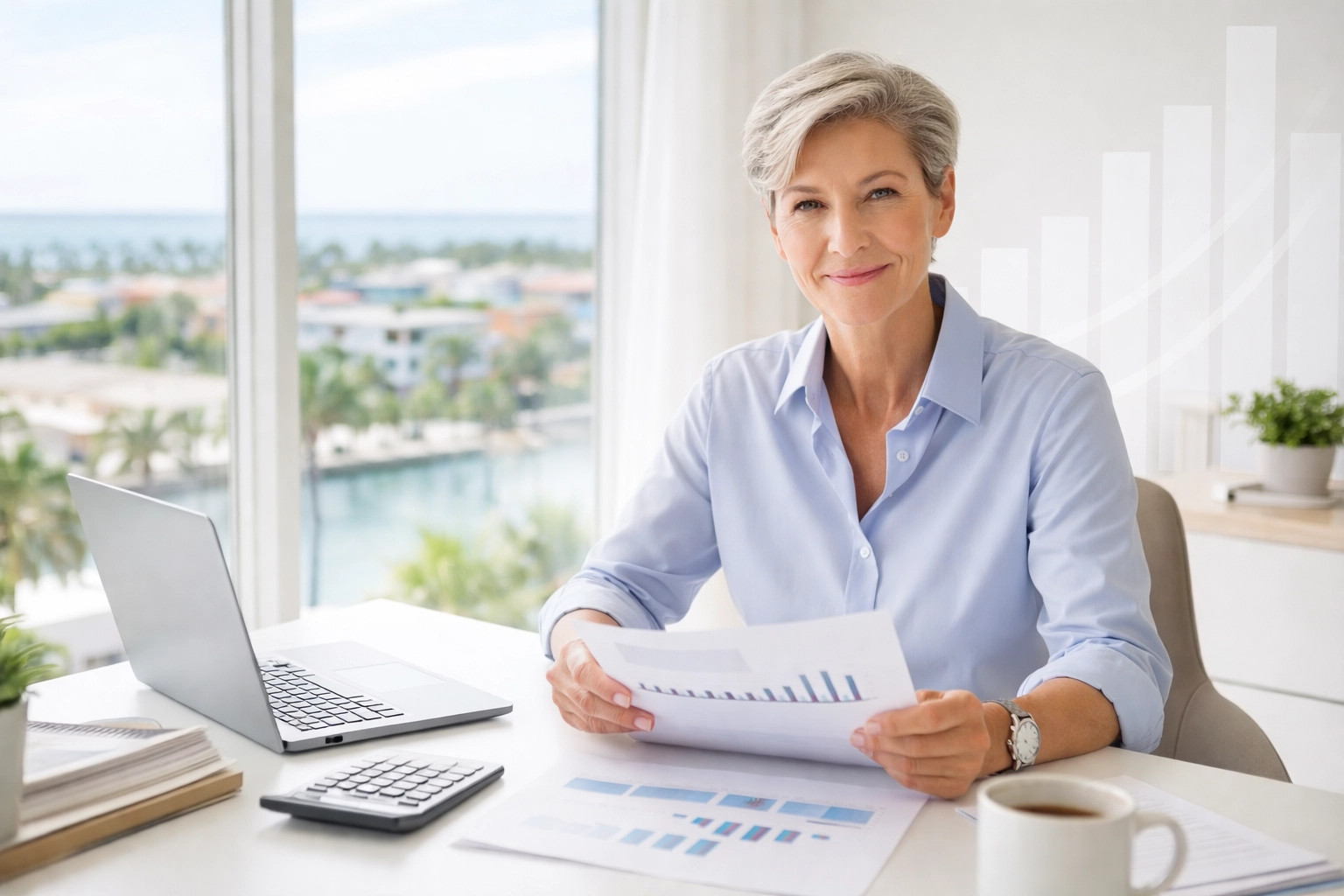 Confident business owner reviewing financial documents at a modern desk, illustrating 401(k) strategy for 2026 in Stuart, FL.