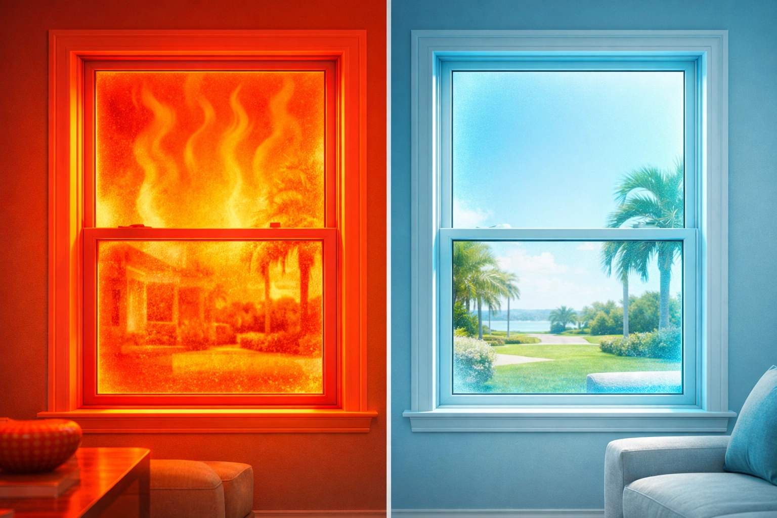 Thermal imaging comparison showing energy efficiency of impact windows vs standard windows