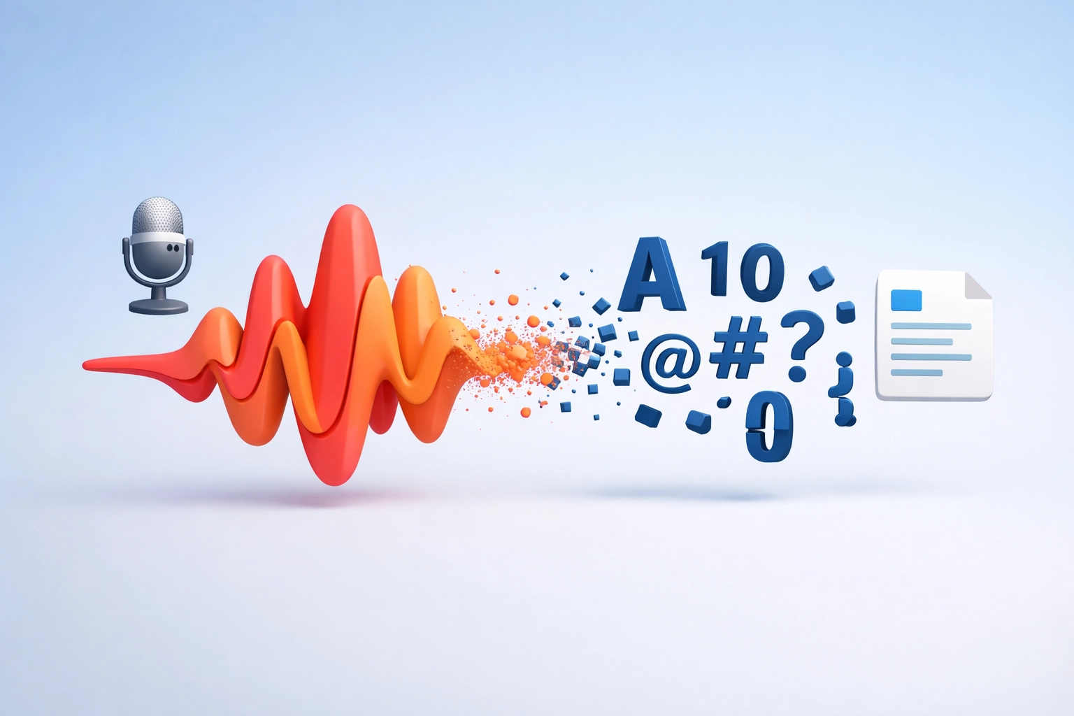 Sound waves transforming into digital text illustrating speech-to-text technology conversion