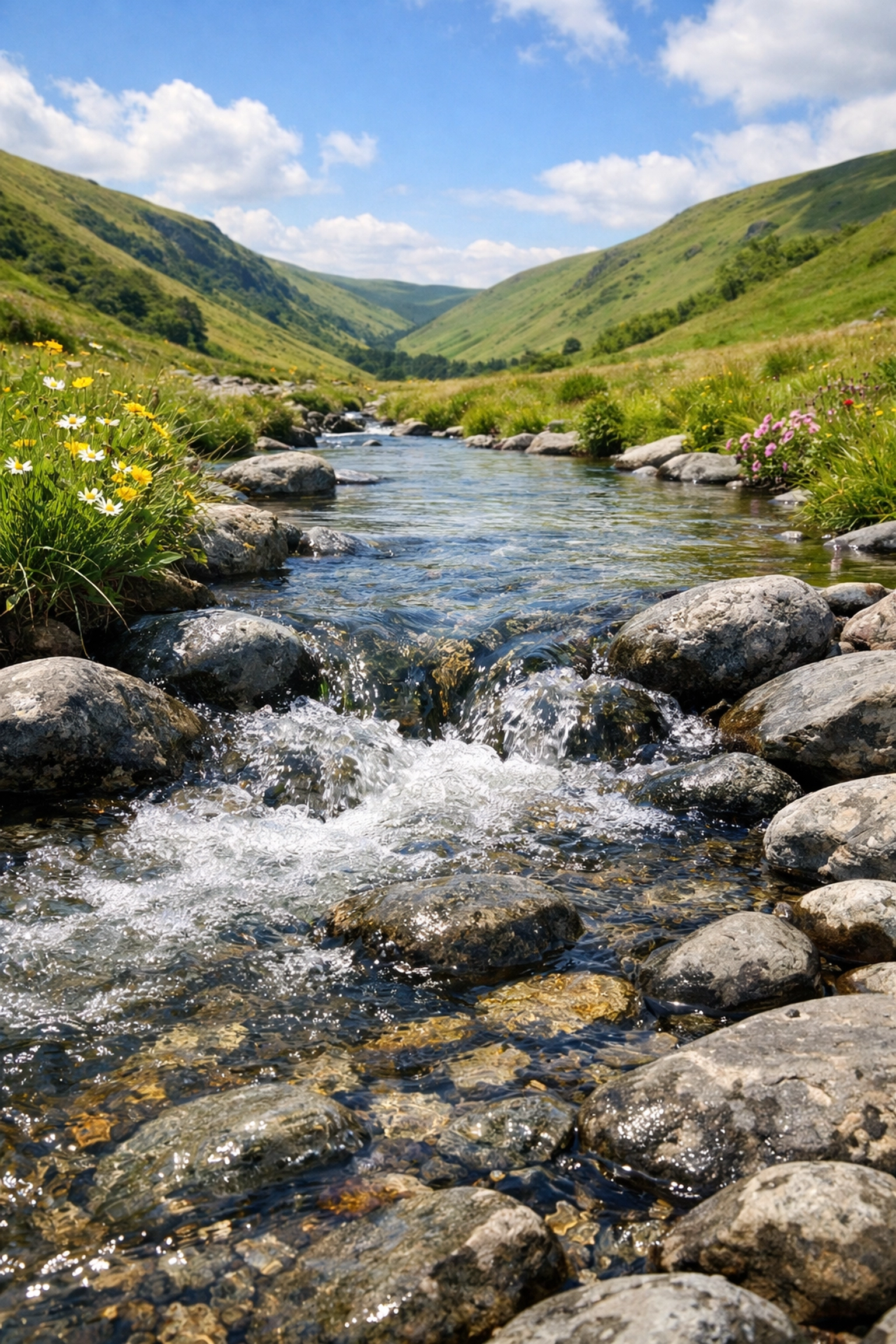 A clear bubbling stream in the UK hills, a natural water source for wild camping guided UK trips.