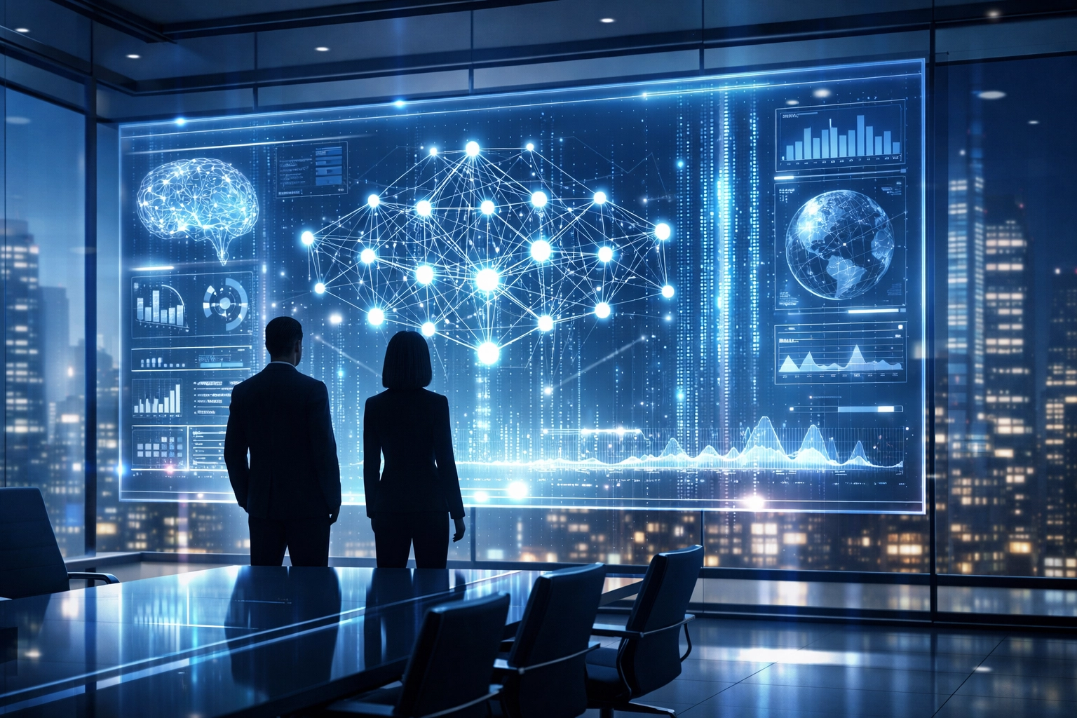 Futuristic AI technology hub showing digital interfaces and global tech cooperation