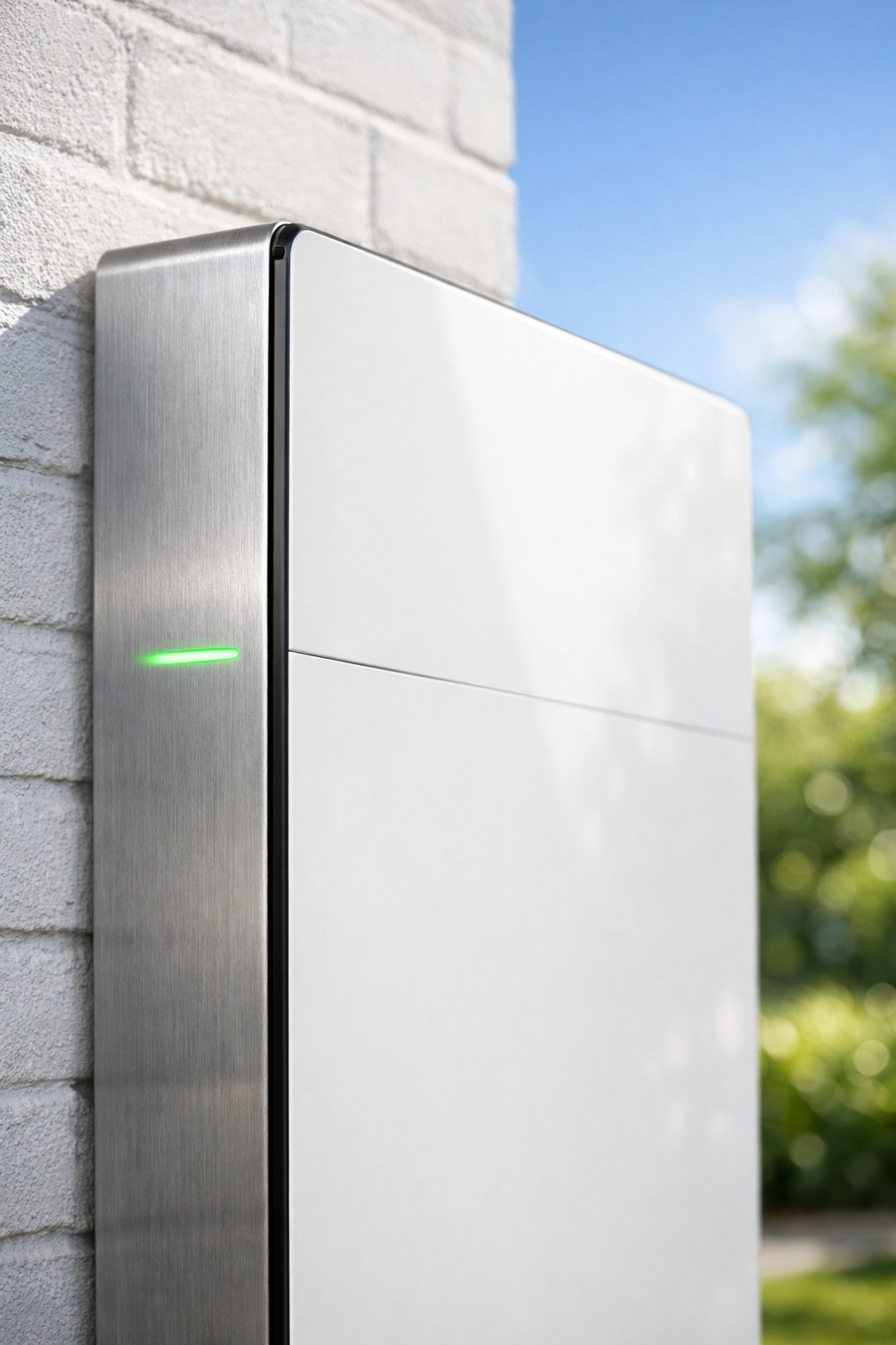 Close-up of a modern solar battery storage unit installed outdoors for clean home energy efficiency.