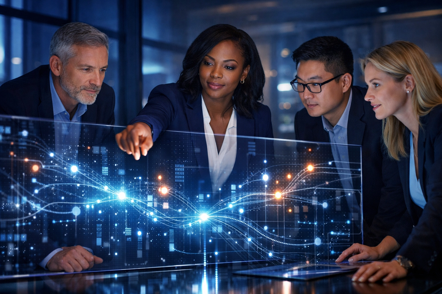 Diverse business team analyzing interconnected data patterns for AI agent implementation