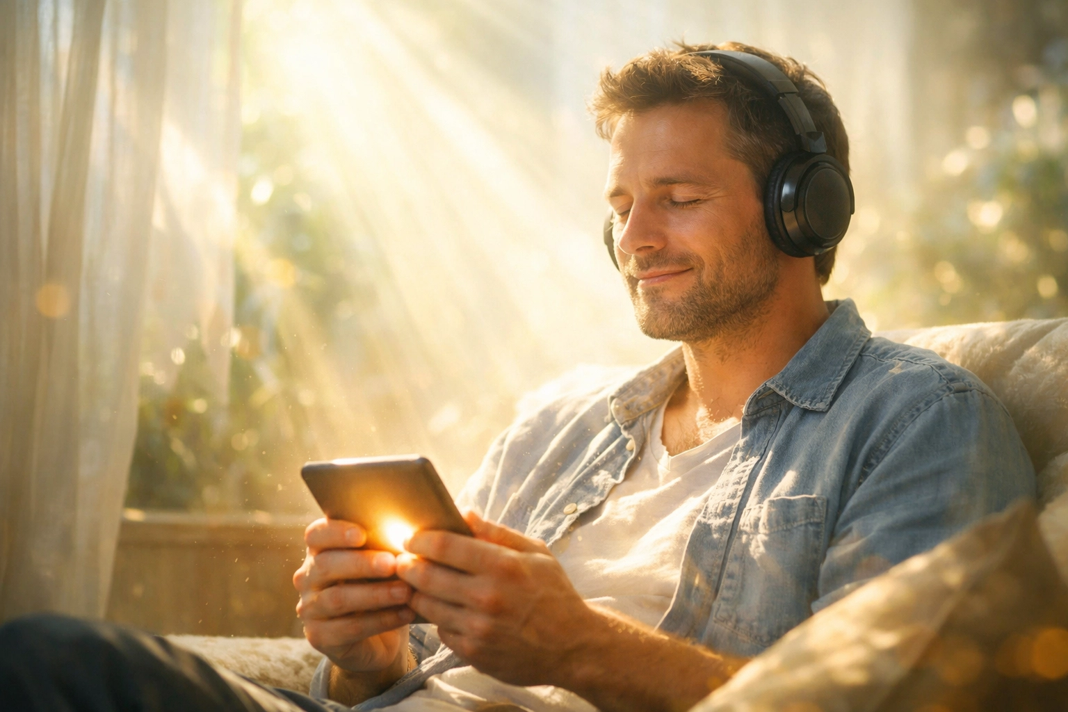 A man wearing headphones finds peace and spiritual sanctuary through online church and digital worship.