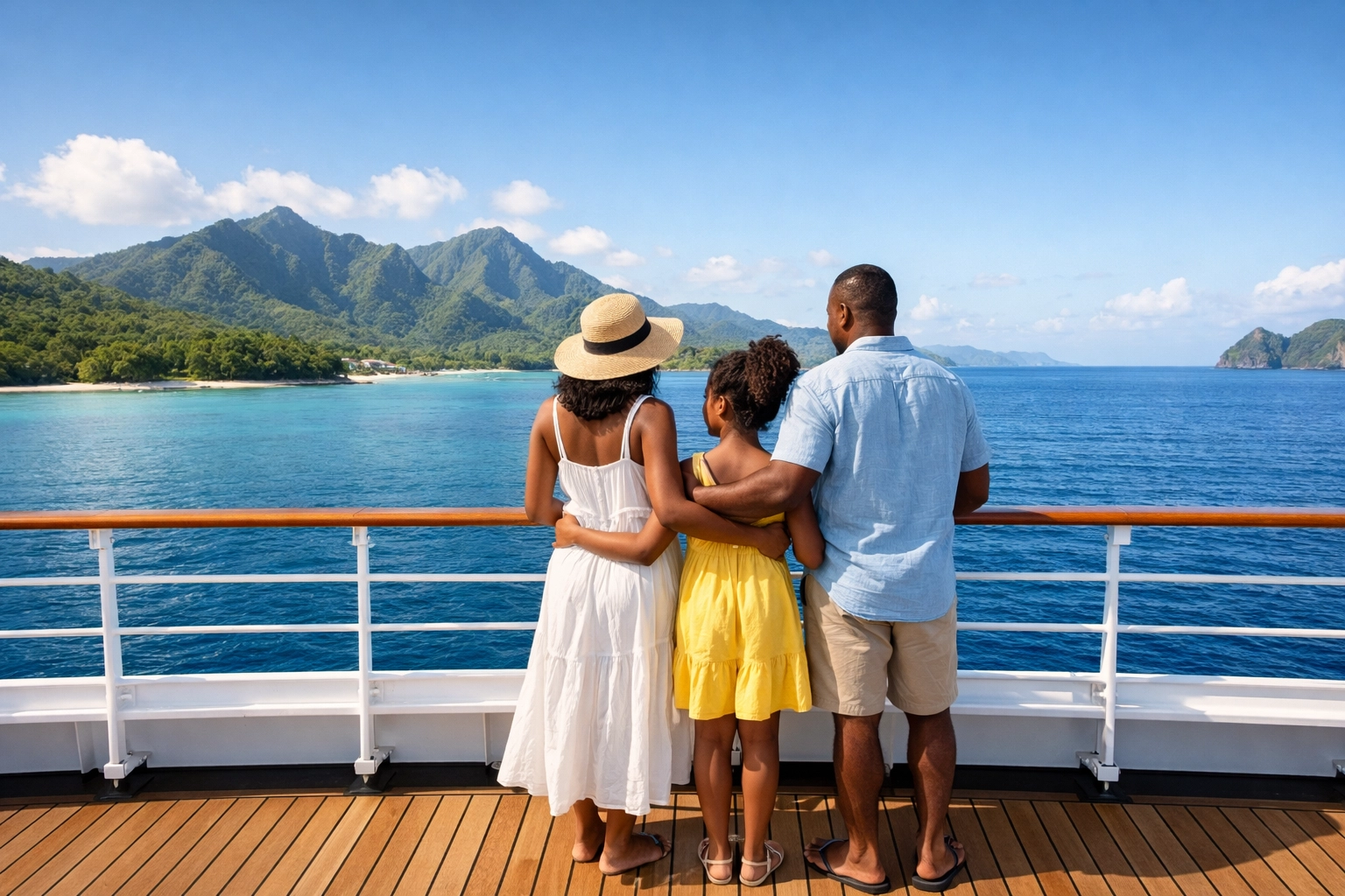 A family on a cruise deck views a tropical coast, embracing slow travel and bucket list travel experiences.