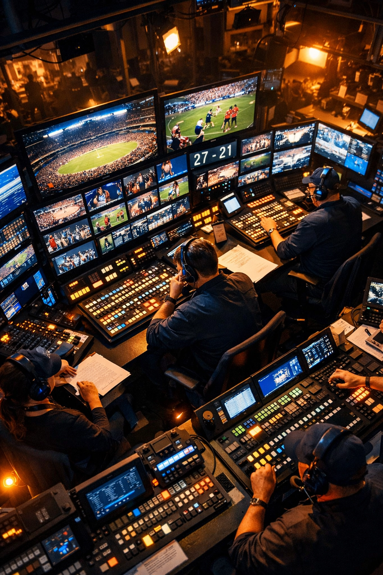 Sports media control room with multiple monitors during Super Bowl broadcast production