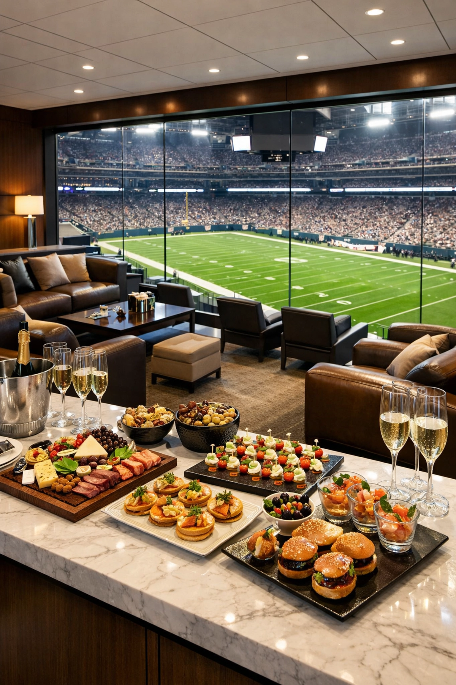 Luxury Super Bowl corporate suite with gourmet catering and a panoramic stadium view for VIP hospitality.