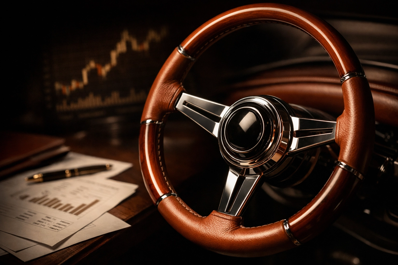 Luxury steering wheel representing operational control in PE transactions