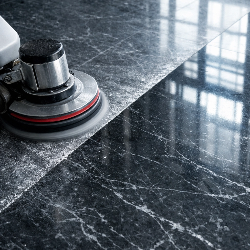 Professional floor buffer restoring a high-rise lobby marble floor by removing winter salt streaks.