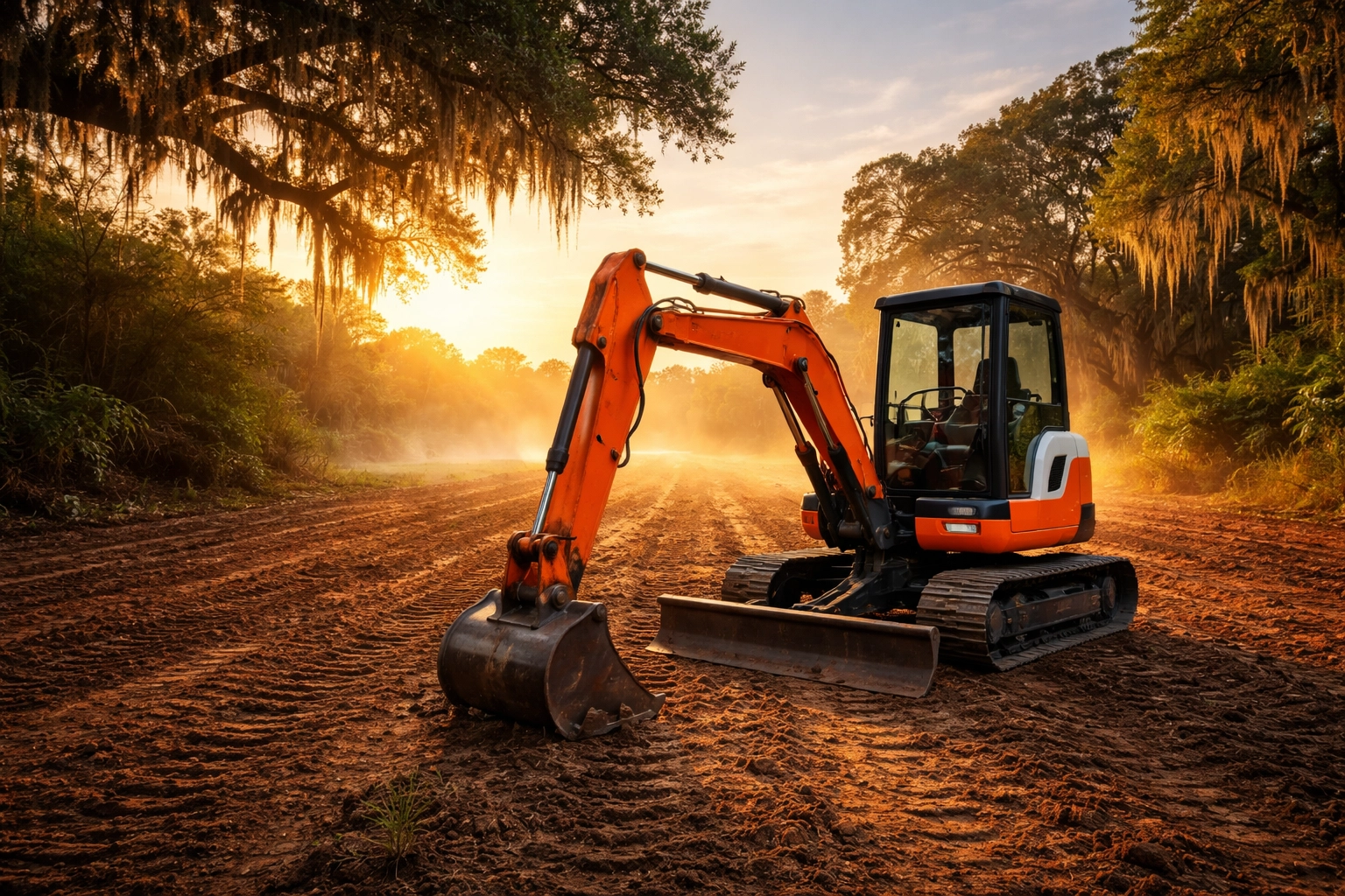 Modern mini excavator on a cleared Florida property at sunrise, highlighting land transformation and excavation expertise.