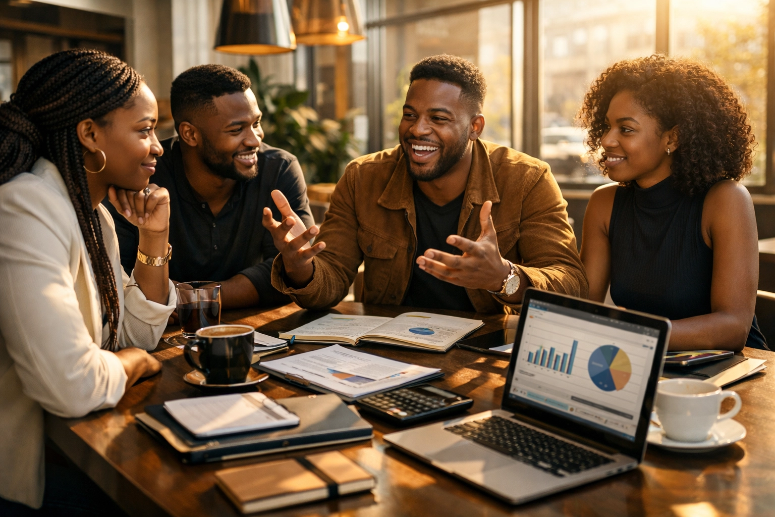 Black entrepreneurs collaborating on financial planning and business partnerships at modern workspace