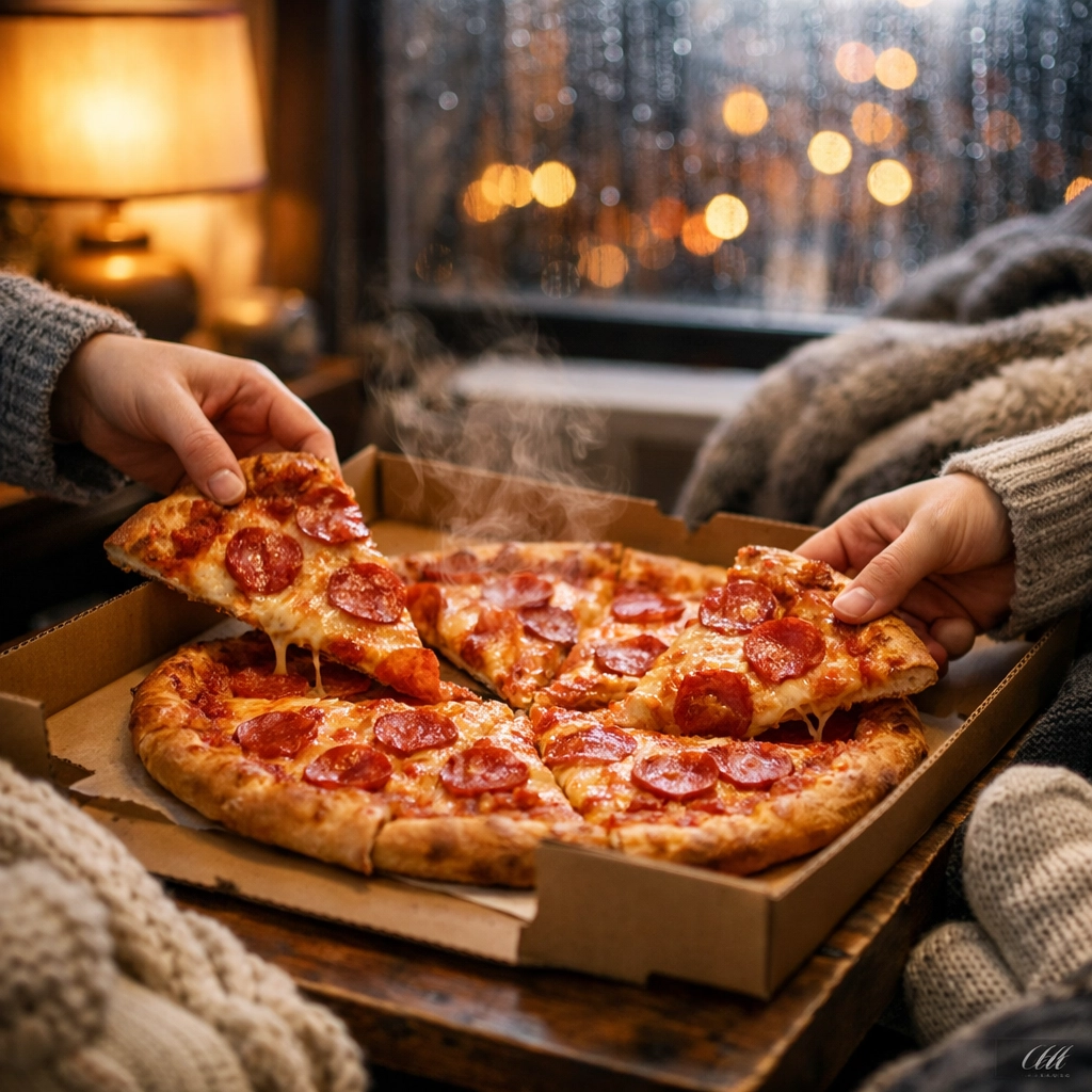 Cozy indoor pizza night featuring John's Famous Pizza on a rainy Montreal afternoon.