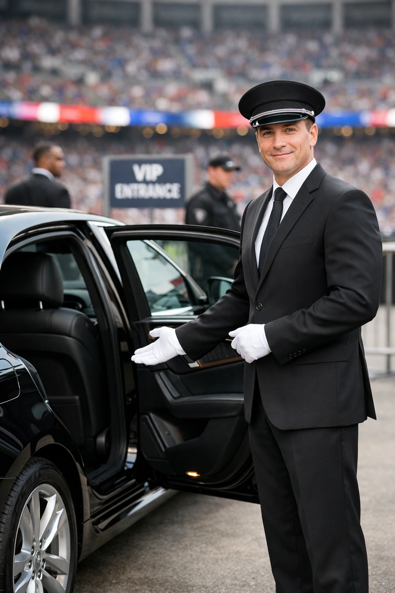 A professional chauffeur welcoming VIP guests to an executive sedan at a secure event drop-off.