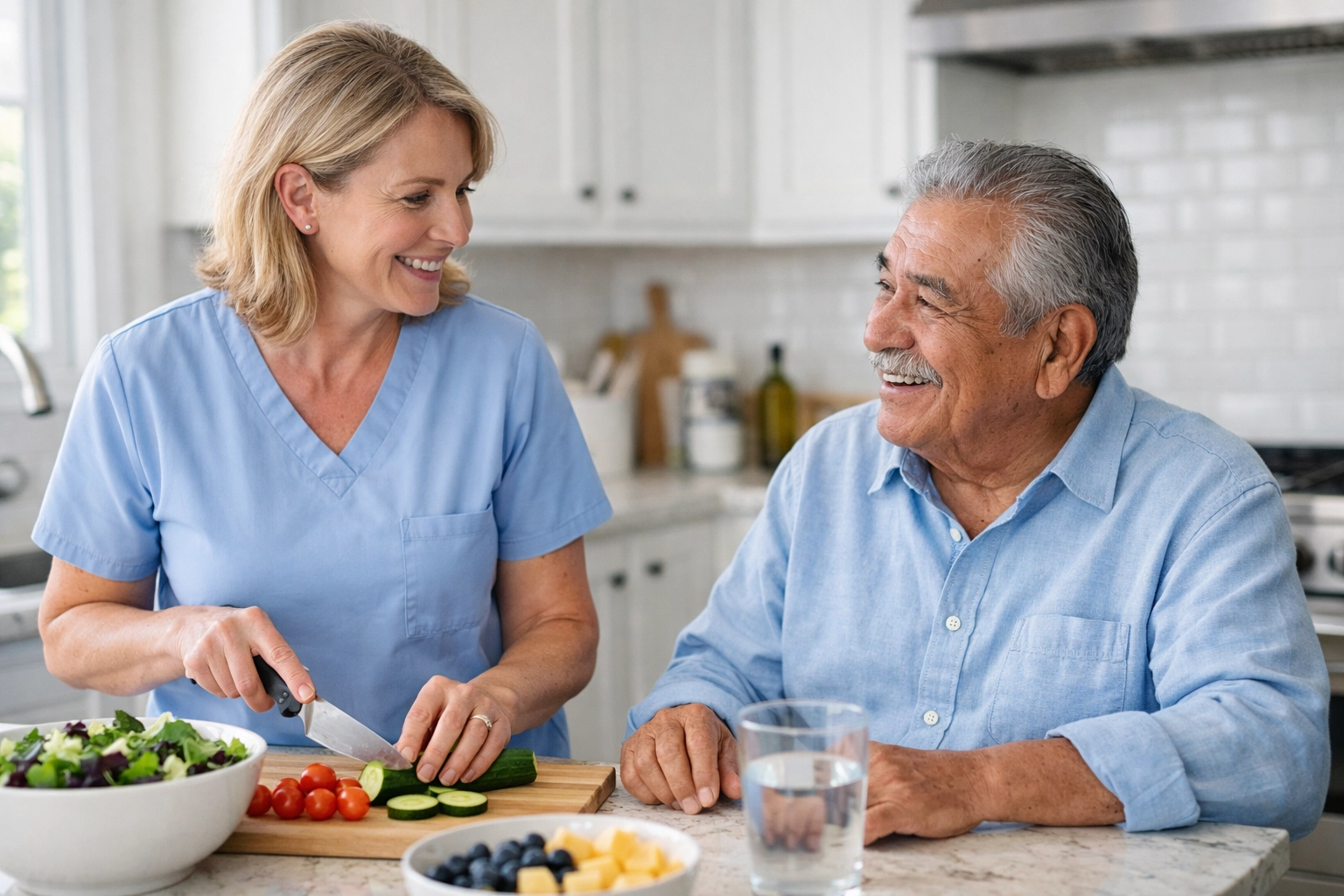 Family enjoying flexible home care services with caregiver in Northern Virginia kitchen