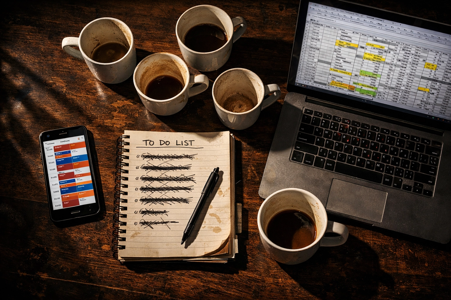 Overwhelmed founder desk with packed calendar from managing freelance SDR workload
