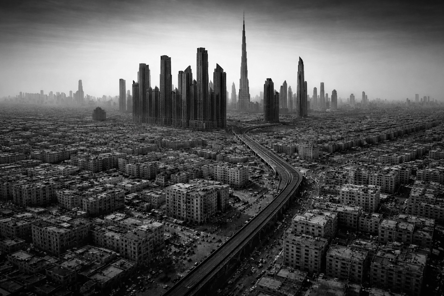 Aerial view of Kuwait City showing contrast between modern skyscrapers and deteriorating infrastructure, highlighting stalled business transformation.