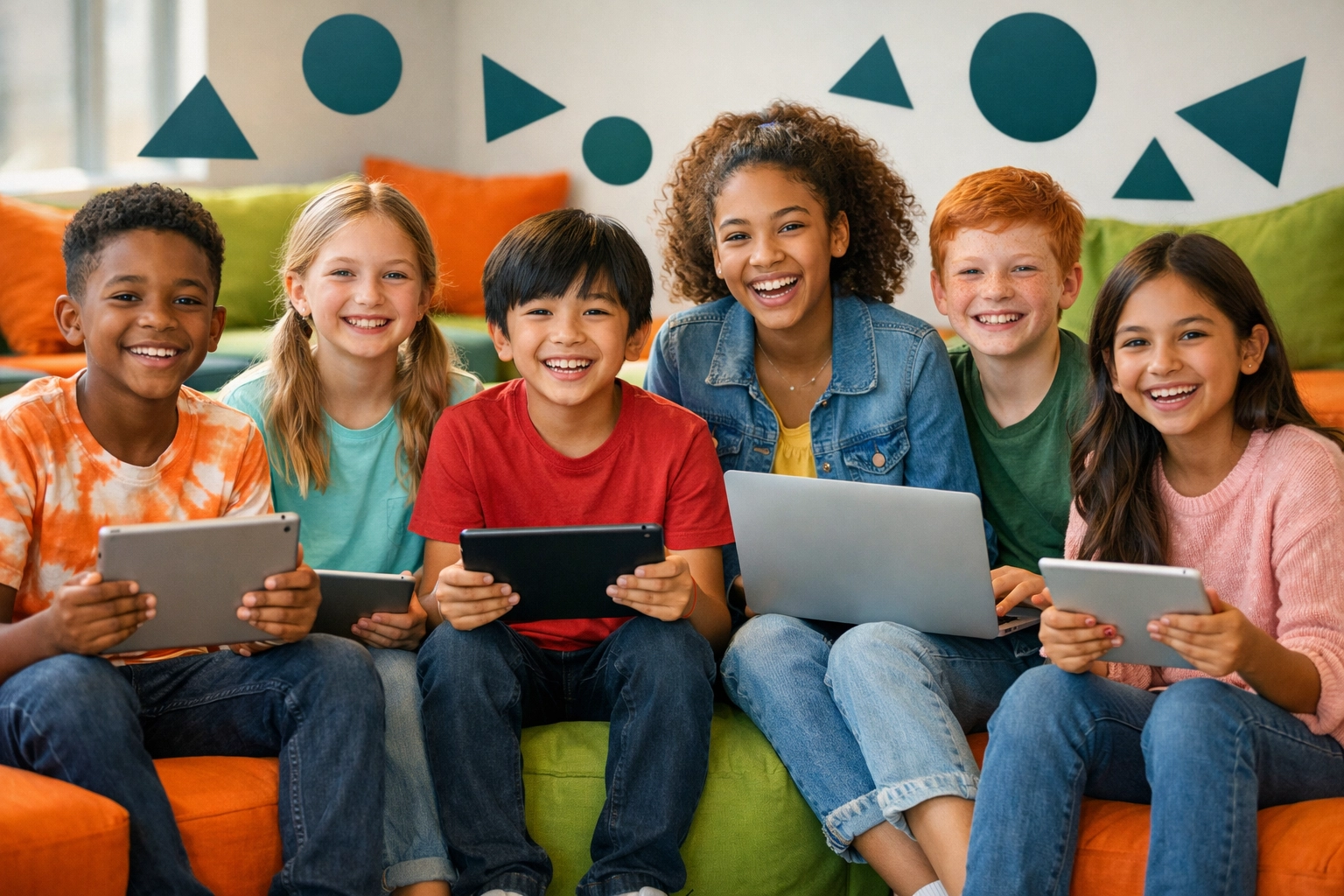 Diverse children learning life skills online with tablets in modern educational setting