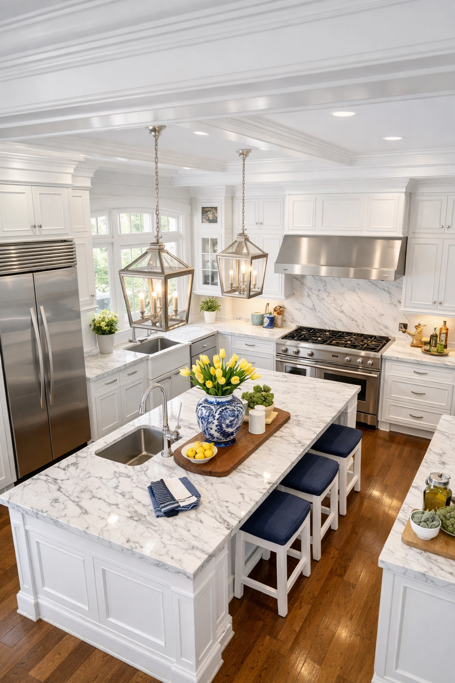 Clean luxury kitchen with marble counters showing professional house cleaning Bedford MA standards.