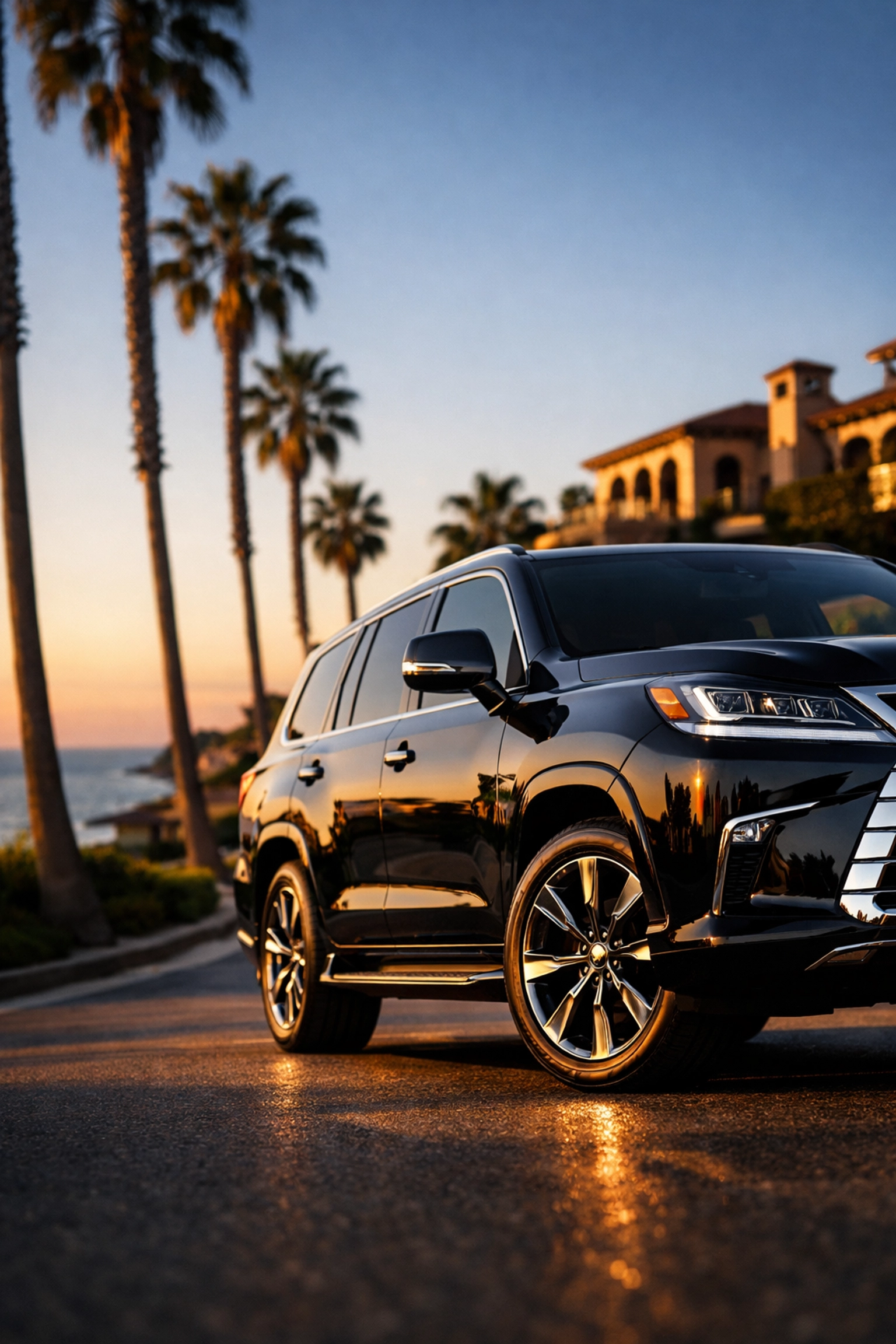 Luxury black SUV providing executive car service along the Orange County coast for professional airport transfers.