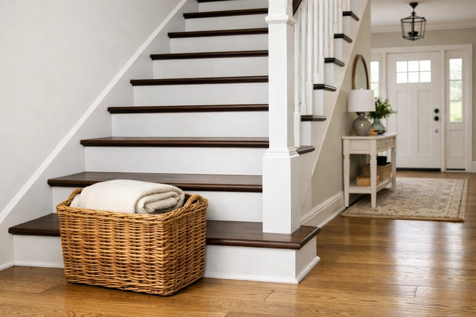Clear, clutter-free staircase with a storage basket kept safely on the floor landing.