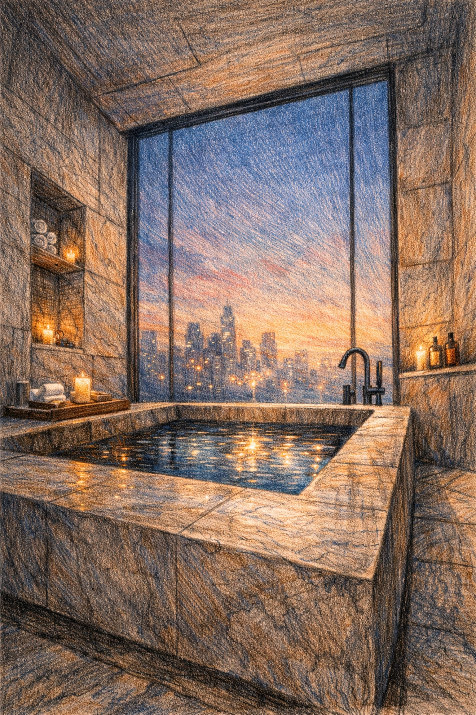 Luxury boutique hotel bathroom design with a limestone soaking tub and city skyline views at twilight.