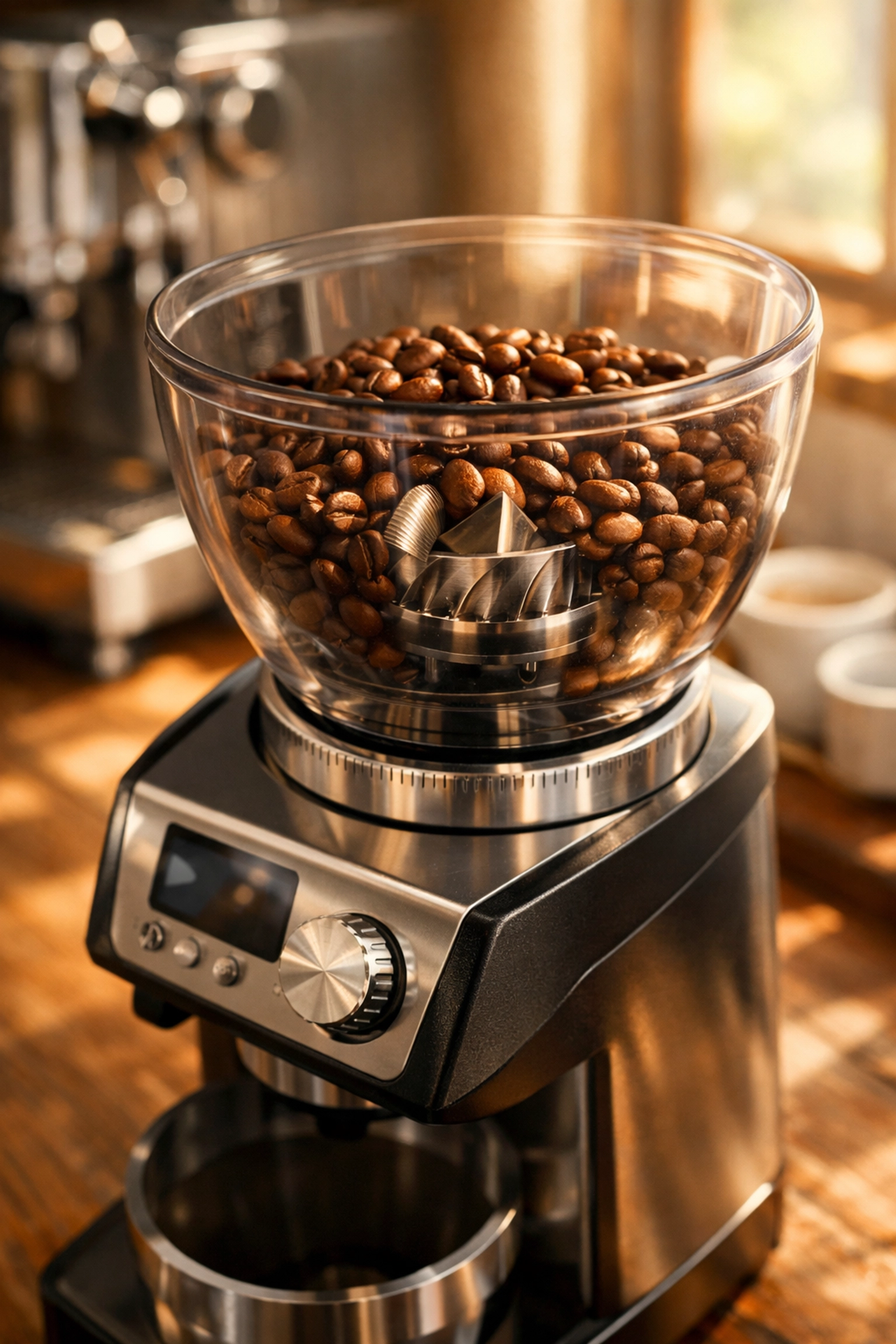 Professional burr coffee grinder with whole beans in hopper on home coffee station countertop