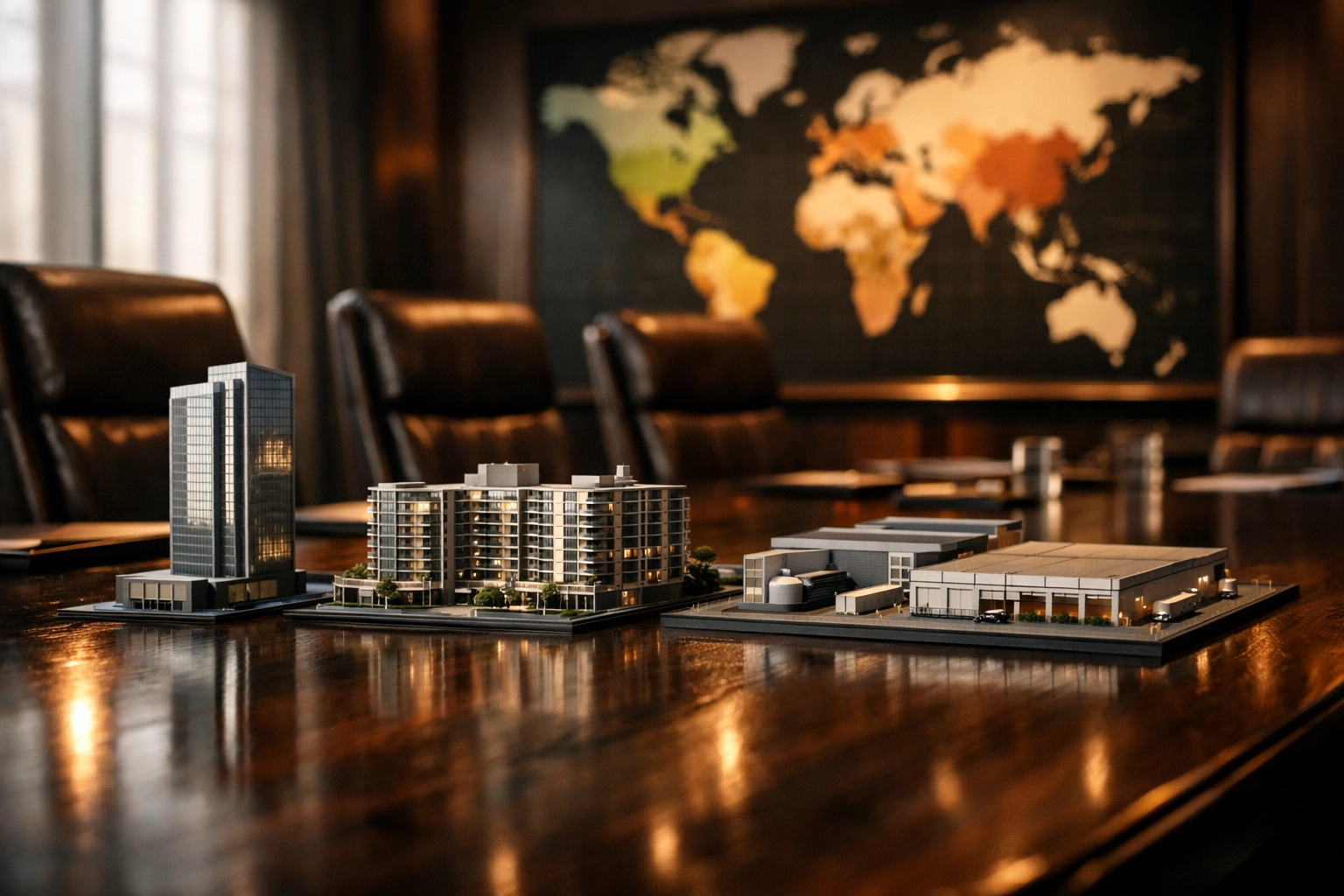 Real estate investment models displaying commercial office, multifamily and industrial property types