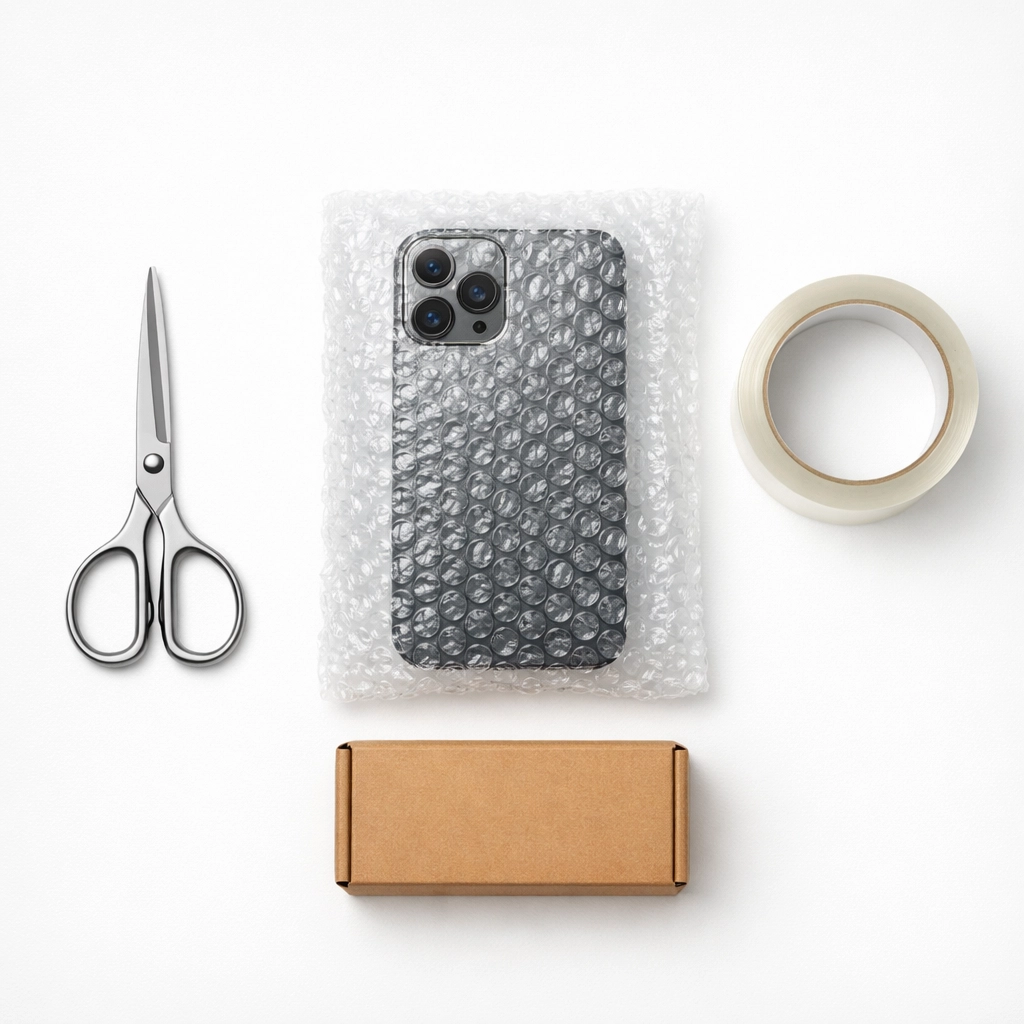 Preparing to ship a phone not paid off using bubble wrap for a safe trade-in process.