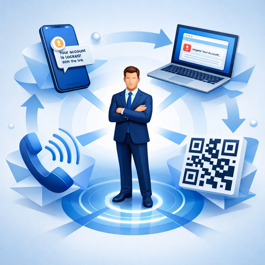 Multiple phishing attack channels targeting business professional including email, SMS, voice and QR codes