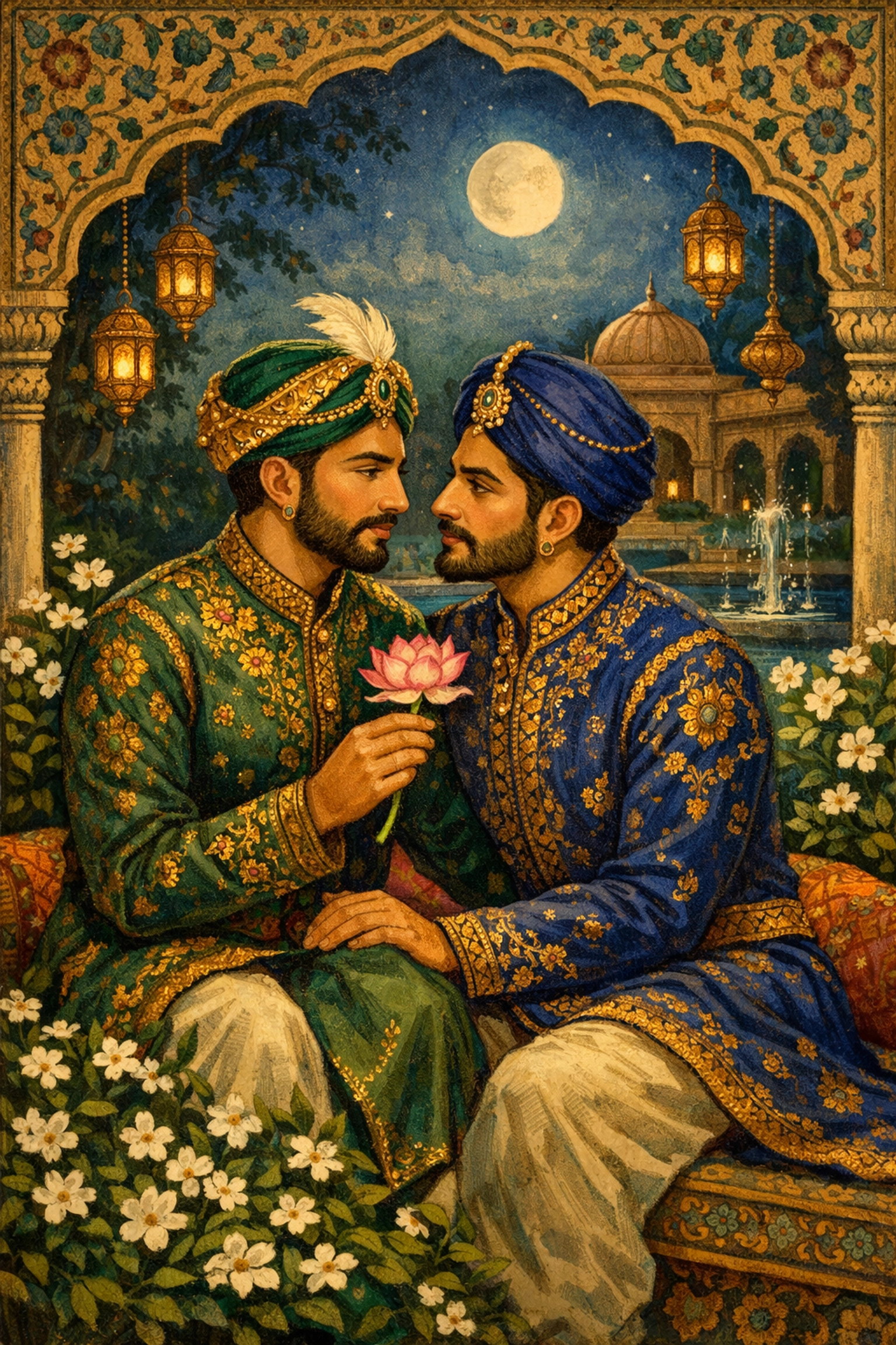 Mughal-style art of two men in a garden, reflecting the deep roots of South Asian queer history and identity.