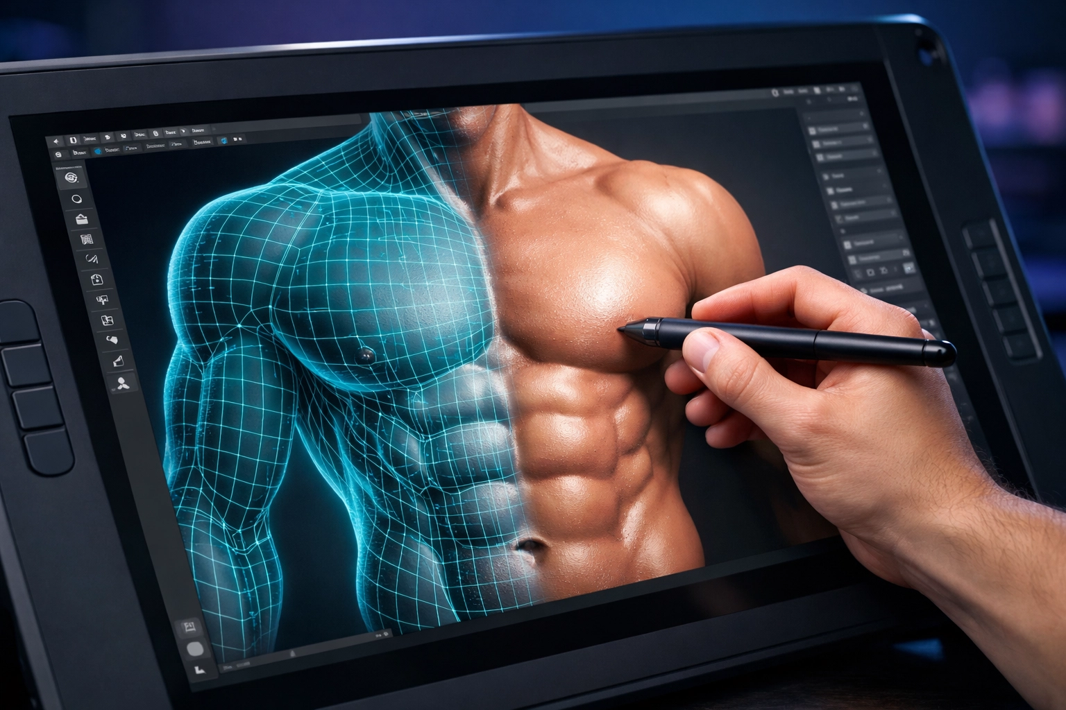 Digital artist sculpting a muscular male torso with realistic muscle definition on a tablet.