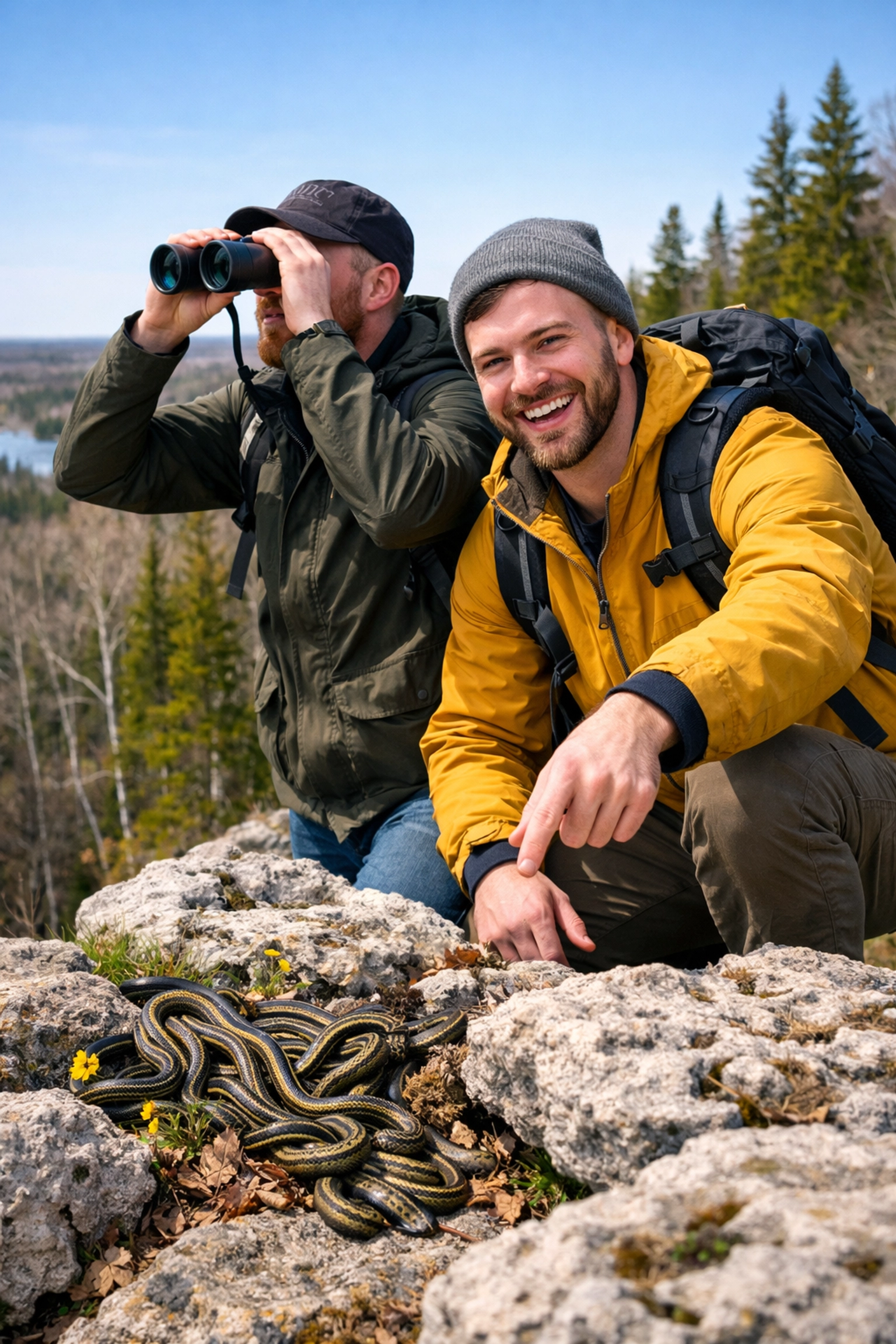 Two gay men exploring the Manitoba wilderness where same-sex garter snake mating balls occur in nature.