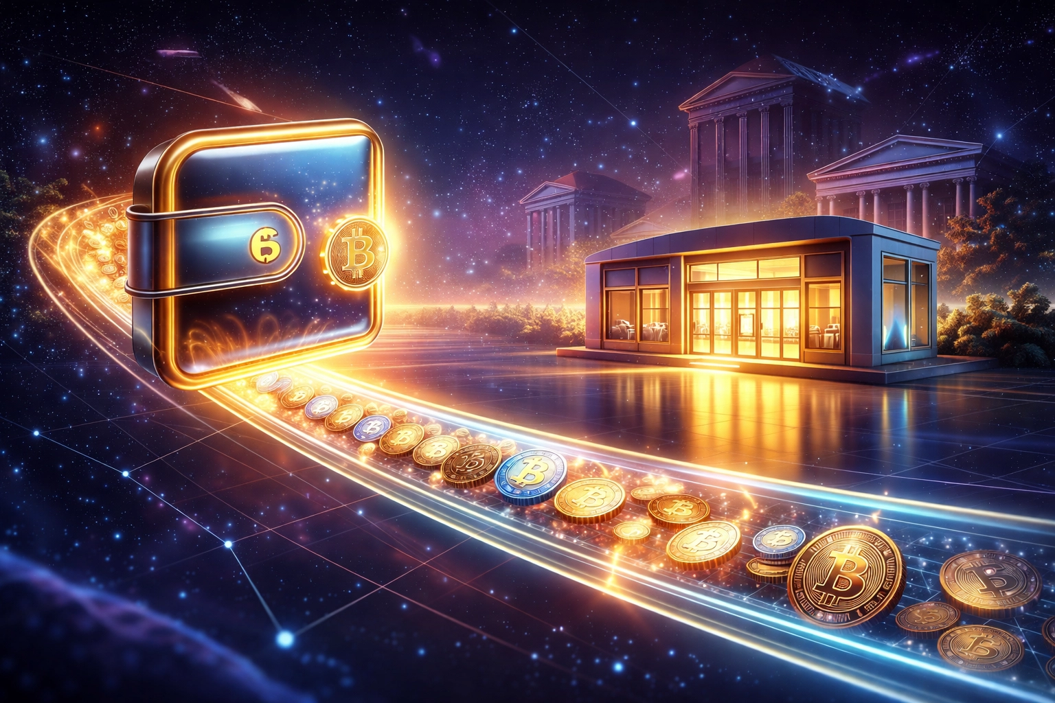 A digital wallet in space connects directly to a storefront, highlighting seamless self-custody crypto payments over traditional banking.
