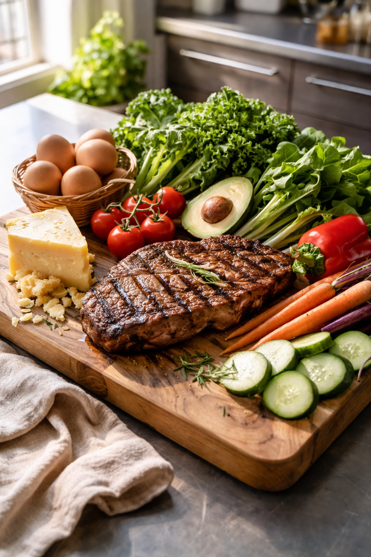 Cutting board with whole foods, steak, eggs, and vegetables inspires new restaurant menu trends