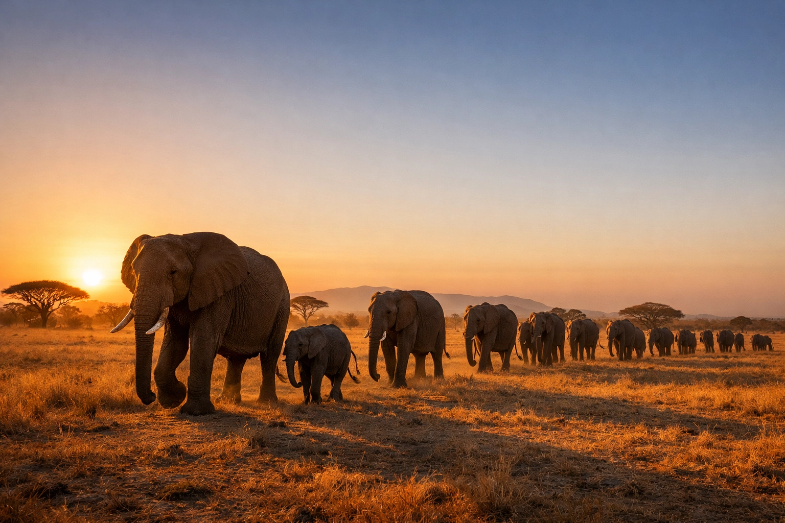 Authentic wildlife photography of an elephant herd at sunset reflecting sustainable brand values.