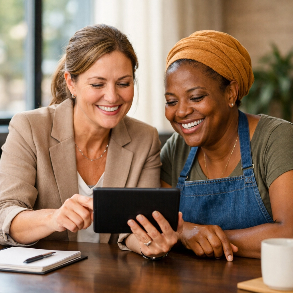 Professional virtual bookkeeper helping a business owner achieve clarity with financial records.