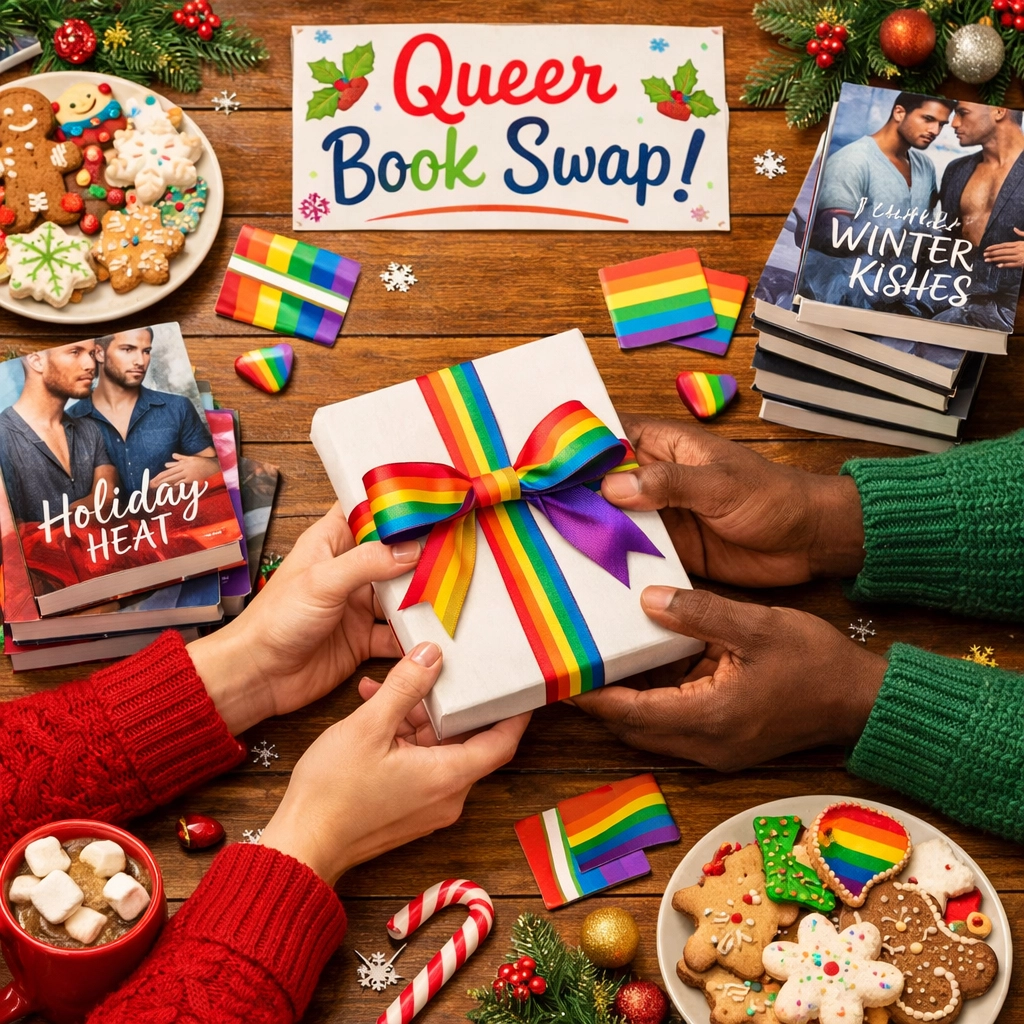 Hands exchanging MM romance books at a festive LGBTQ+ holiday book swap event with Pride decor.